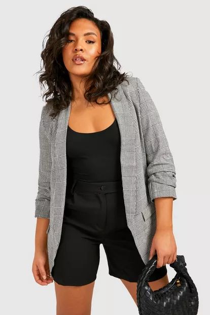 Plus Ruched Dogtooth Prince of Wales Check Blazer | Boohoo.com (US & CA)