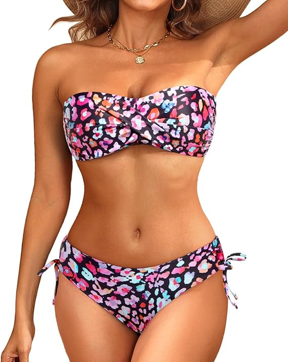 Women's Strapless Bandeau Bikini Set - Twist Front Two Piece Swimsuit Top with Side Tie Bathing S... | Amazon (US)