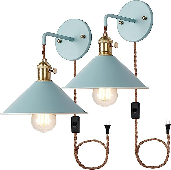 Plug in Switch Wall Sconces Set of Two,Blue Wall lamp with Plug in Cord of 2 for Bedroom Hanging ... | Amazon (US)