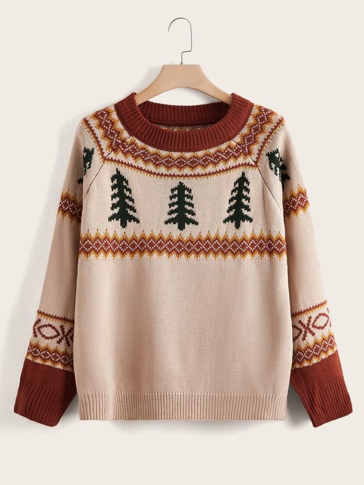 Plus Tree & Geo Pattern Raglan Sleeve Sweater | SHEIN