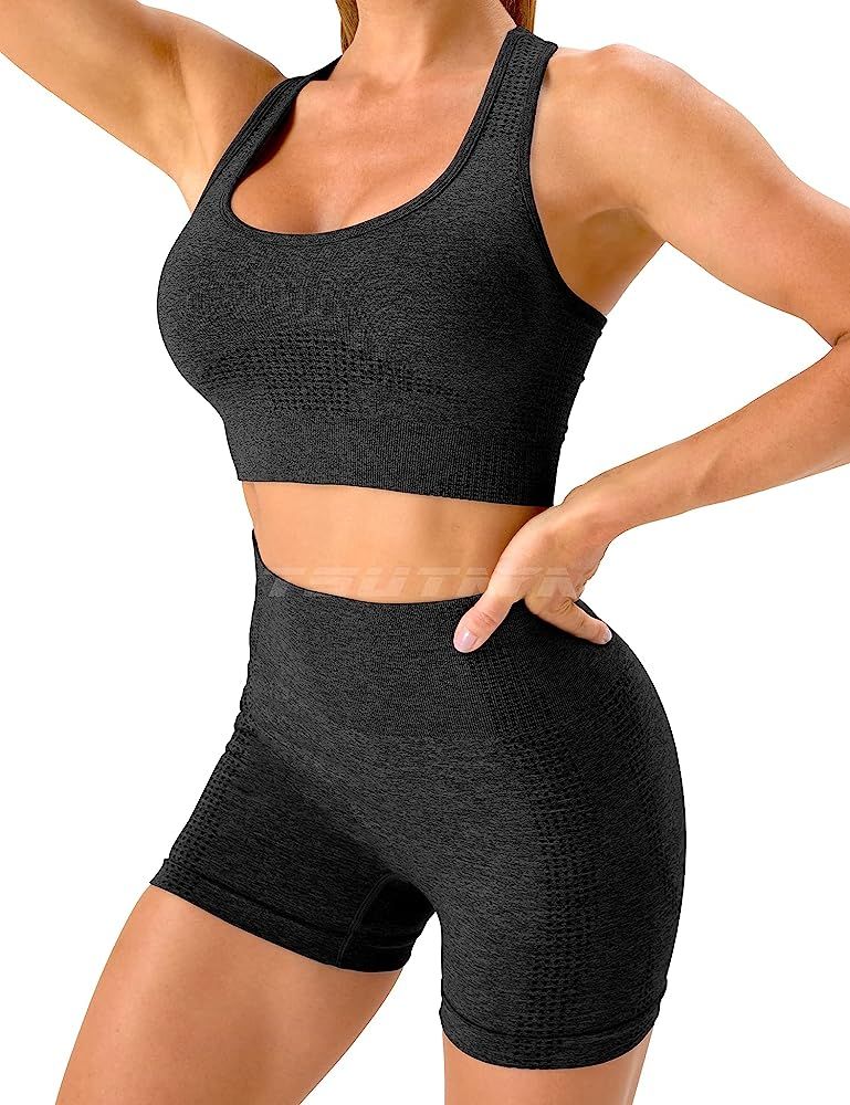 TSUTAYA Women's Seamless Workout Set 2 Piece Yoga Outfits Active Shorts Sexy Sports Bra | Amazon (US)