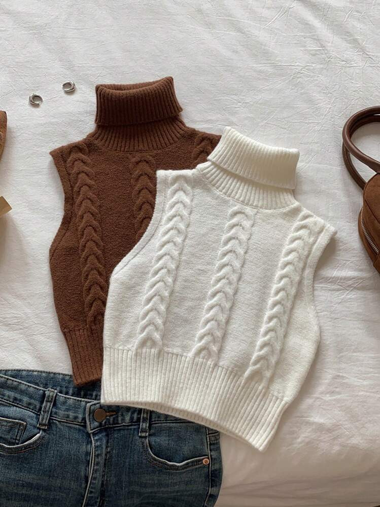 SHEIN EZwear Plus Size Women Sweater Vest,Cropped Sweater,Turtle Neck Sweater,Multi-Color Pullover Crew Neck Sleeveless Knit Top,Winter Clothes For Women,2pcs | SHEIN