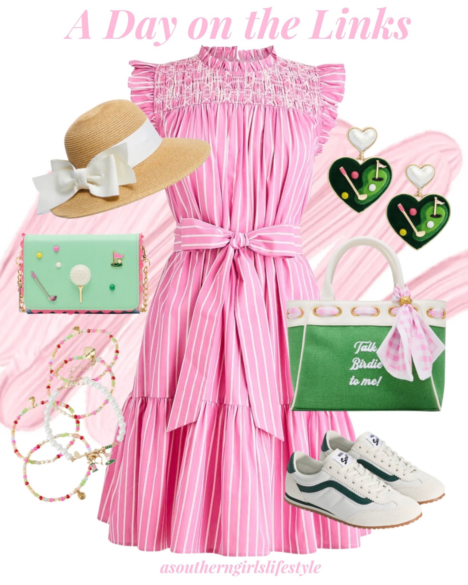Golf Season is here! Whether you’re riding along in the cart or walking the links at a Golf Tournament (Masters/Truist) or take the golf accessories away & go anywhere! 

Packable Bow Hat, Pink Striped Ruffle Sleeve Embroidered Dress, Heart Earrings, Talk Birdie to Me Satchel (has a strap), White/Green Sneakers, Golf Crossbody, Colorful Bracelets & Golf Bracelet

Spring Outfits 2026. Spring Dresses  

#LTKSeasonal #LTKSaleAlert #LTKPetite