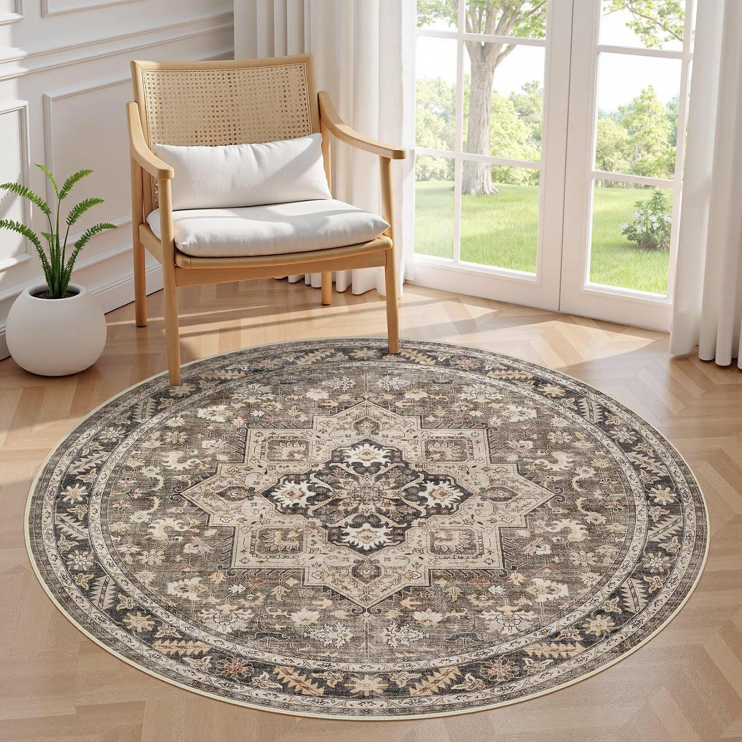 5ft Round Living Room Area Rug, Washable, Traditional, Brown | Amazon (US)