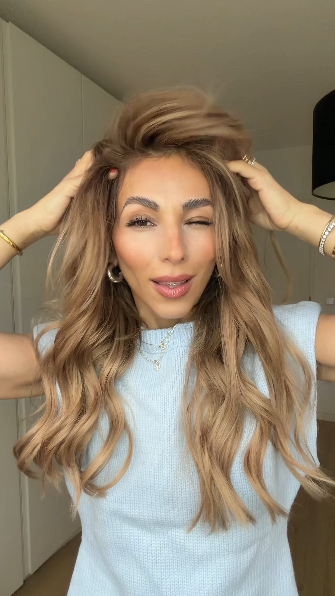 Wearing & Styling with ICE Blue Details 
Knit Zara 
Styler Dyson
Dry Shampoo got 2 be 

#LTKstyletip #LTKbeauty #LTKFashionMonth