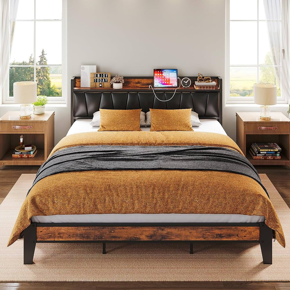 LIKIMIO California King Bed Frame, Storage Headboard with Charging Station, Solid and Stable, Noi... | Amazon (US)