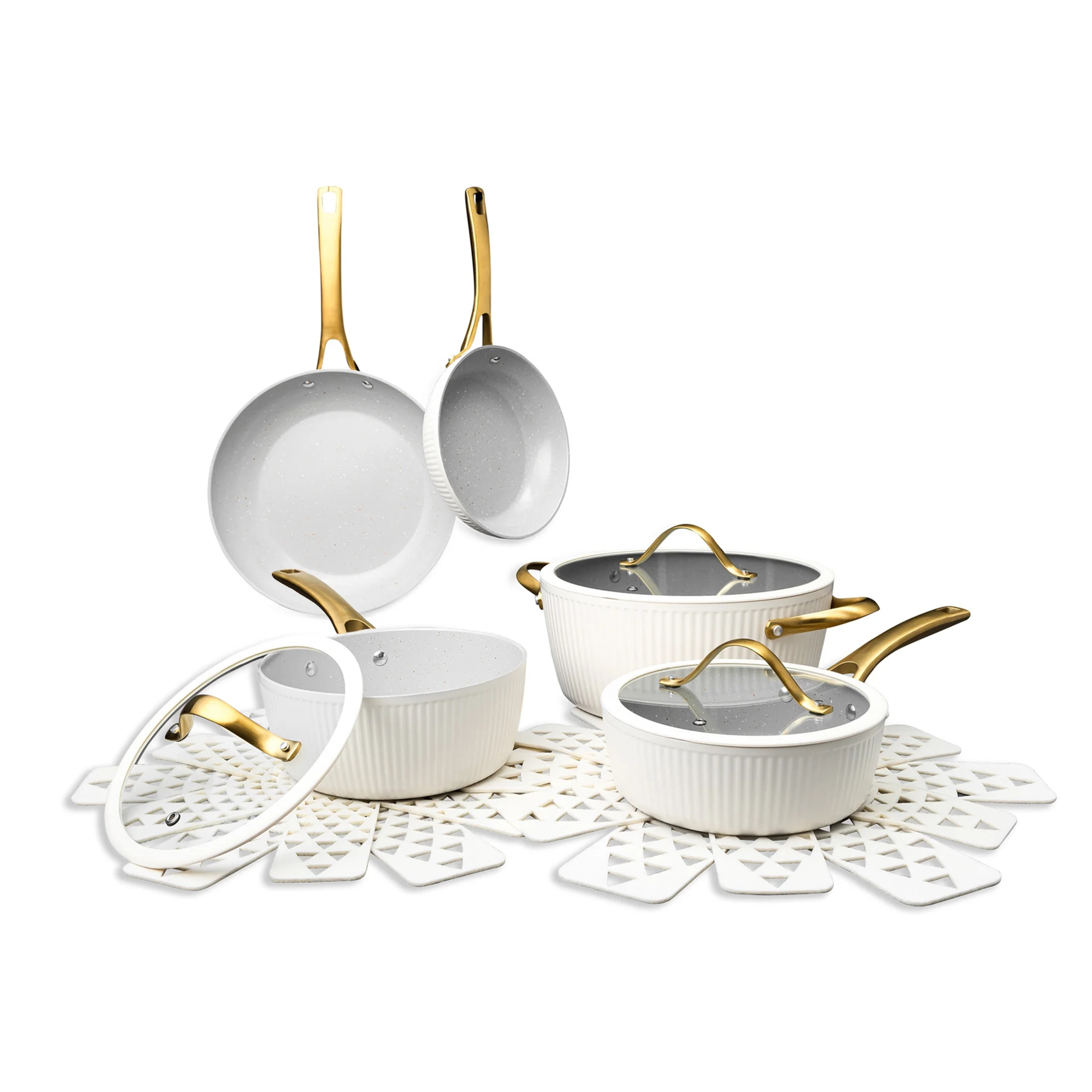 Thyme & Table Signature Ribbed 12-Piece Cookware Set Non-Stick- White & Gold | Walmart (US)