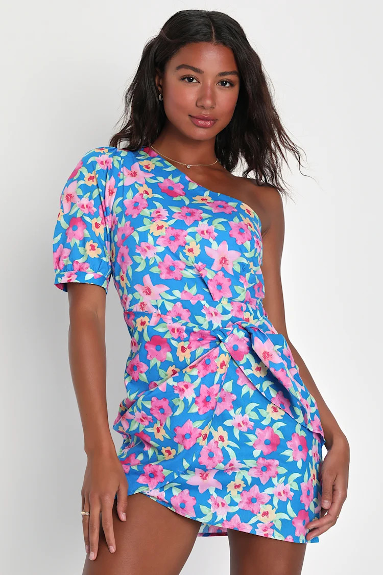 Thoroughly Sweet Blue Floral Print One-Shoulder Mini Dress | Lulus