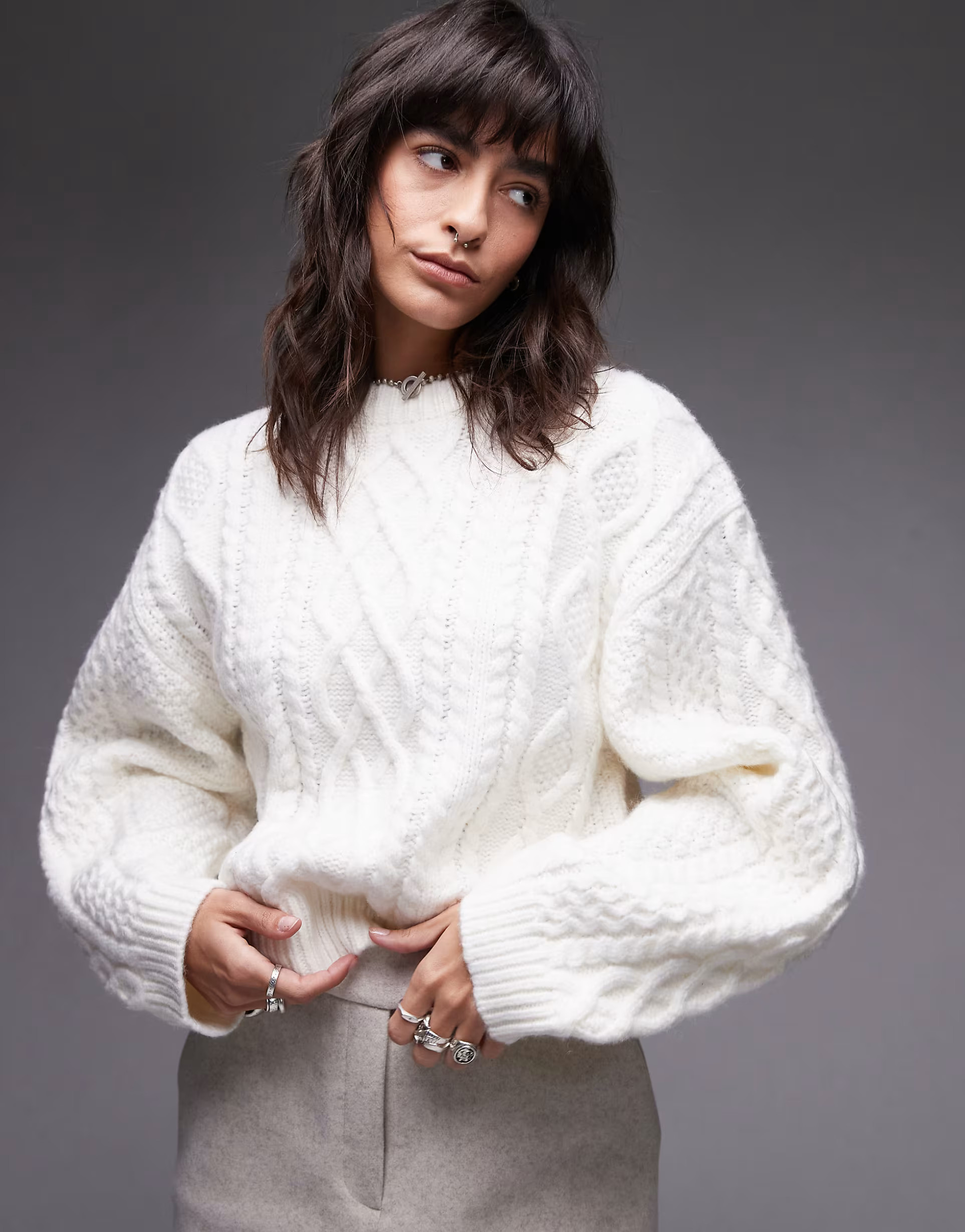 Topshop curved sleeve cable knit oversized sweater in ivory | ASOS (Global)