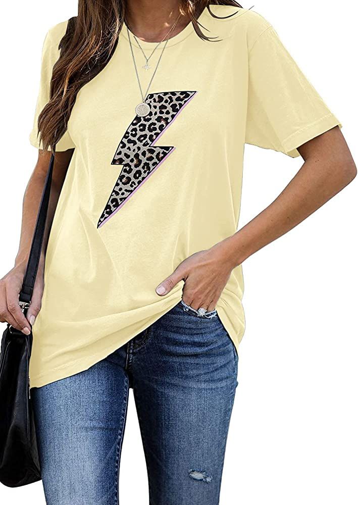 INFITTY Womens Basic Graphic Tees Casual Summer Short Sleeve Shirt Blouse Lightning Leopard Print... | Amazon (US)