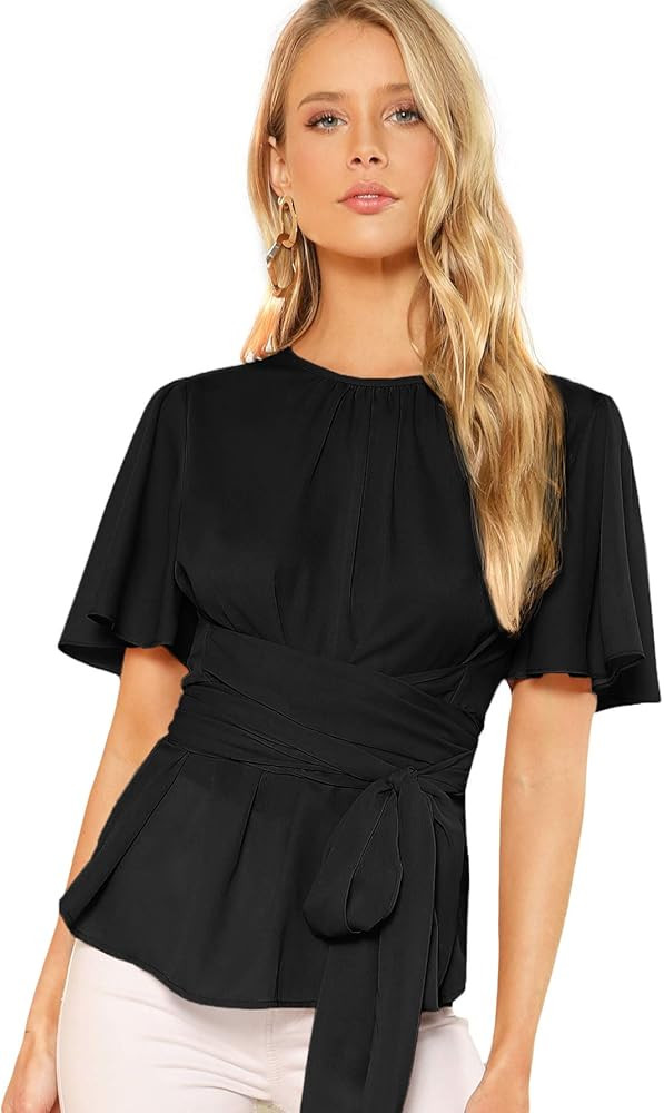Romwe Women's Self Tie Wist Short Sleeve Casual Chiffon Blouse Tops | Amazon (US)