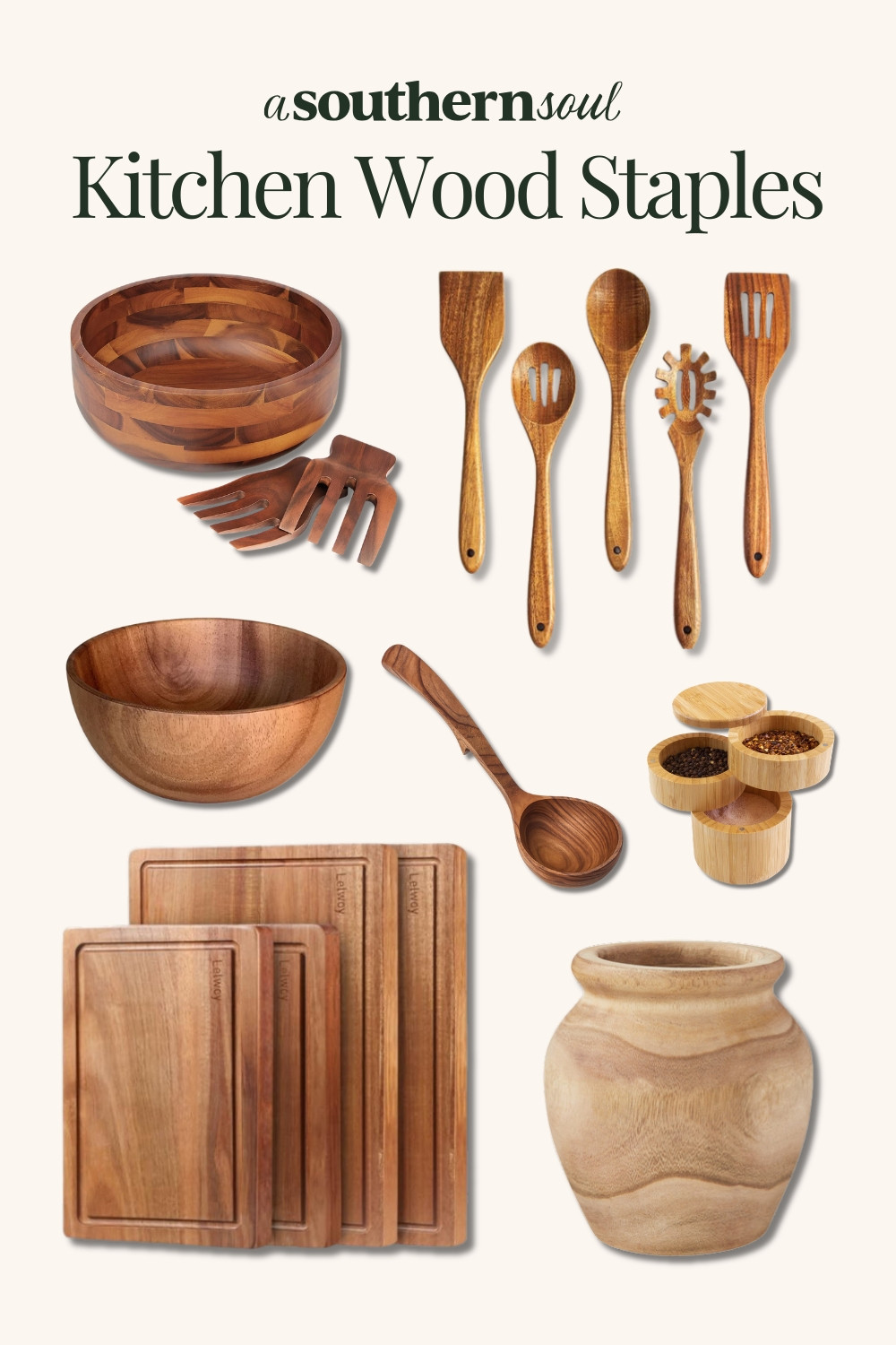 Wooden kitchen finds for a warm, farmhouse-style kitchen: cutting boards, utensils, bowls, and serving pieces.

Nothing gives warmth more than wood in your countertops! 

 #acacia #woodenbowl #cuttingboard #LTKSeasonal #LTKHome