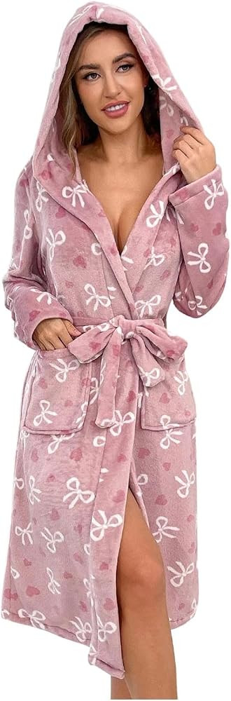 Premium Womens Plush Soft Robe Fluffy, Warm, Fleece Sherpa Shaggy Bathrobe, Cute Pattern Print Lo... | Amazon (US)