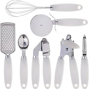 COOK With COLOR 7 Pc Kitchen Gadget Set Stainless Steel Utensils with Soft Touch White Handles | Amazon (US)