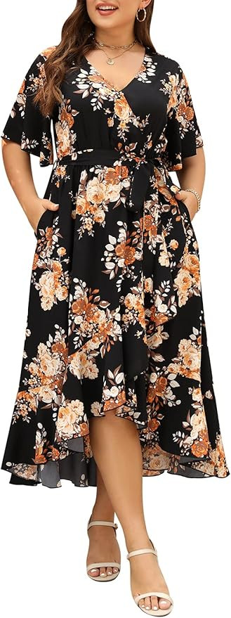 Keluummi Plus Size Wedding Guest Dresses for Curvy Women, Summer Casual Boho Floral Maxi Wrap Dre... | Amazon (US)