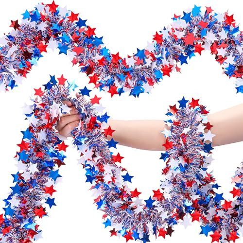 52.5Ft Patriotic Glitter Tinsel Garland Decoration, Red White Blue Star Metallic Tinsel Twist Garland, 4th of July Decor Parade Golf Cart Shiny Tinsels for Car Bike Independence Day Memorial Day Decor | Amazon (US)