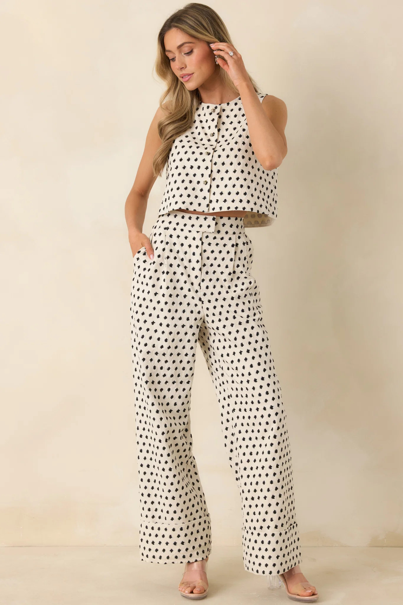 FRNCH Nautilus Ivory & Black Cotton Linen Vest | Red Dress