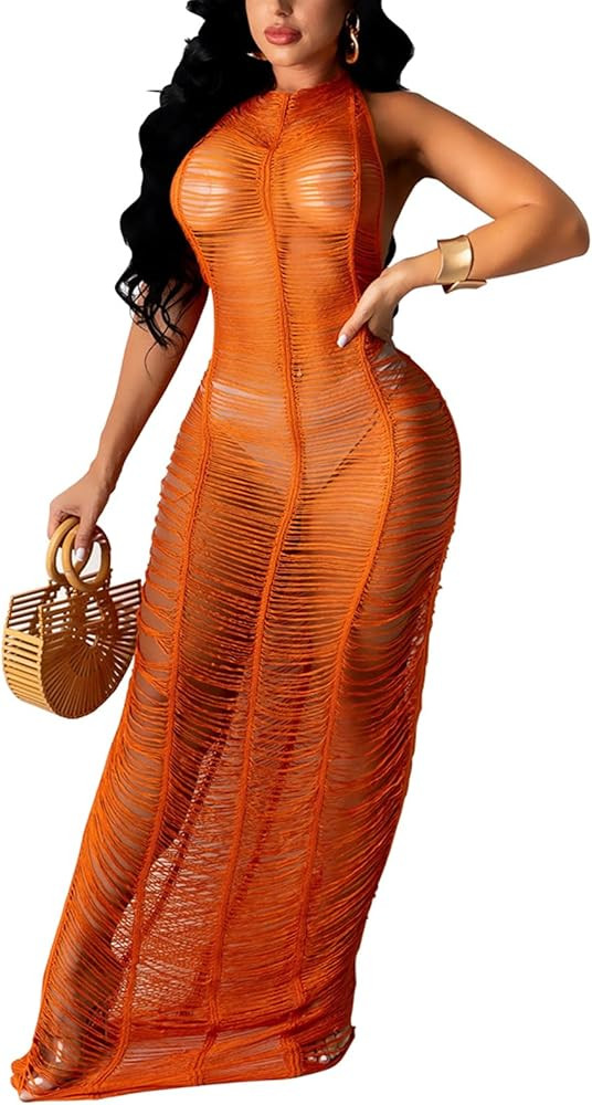 Women Sexy Halter Sleeveless Mesh See Through Crochet Maxi Long Dress Backless Knitted Beach Biki... | Amazon (US)