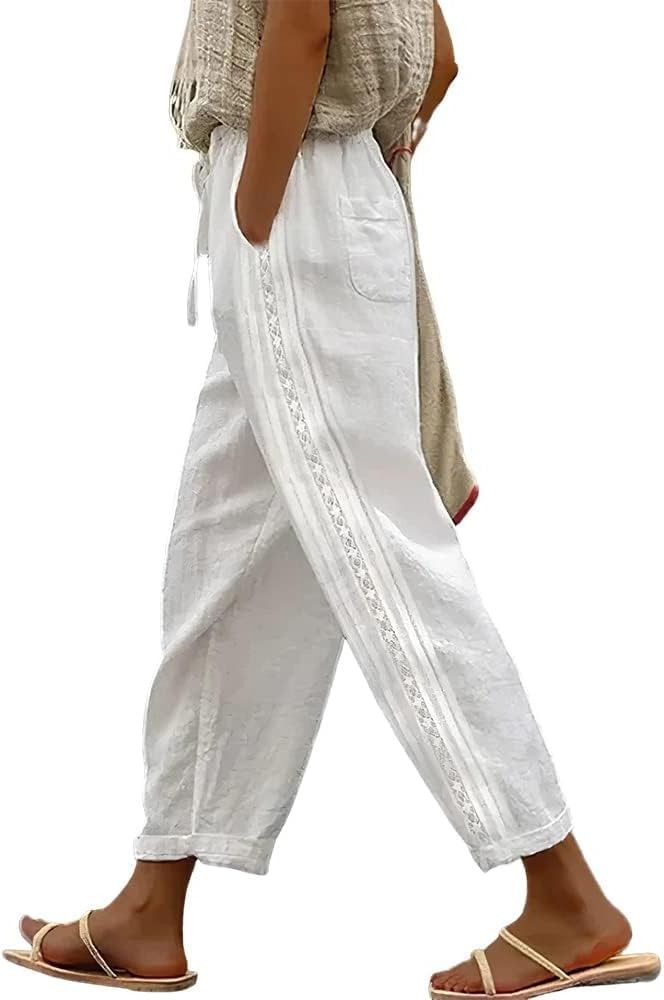Womens Linen Pants with Pockets Casual Loose Drawstring High Waist Wide Leg Pants Summer Beach Pa... | Amazon (US)