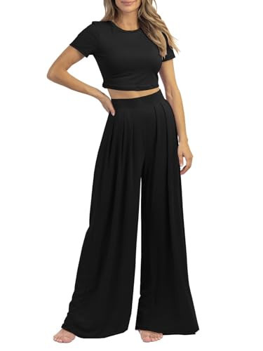 PEIARA Women's 2 Piece Lounge Sets Summer Short Sleeve Crop Tops Two Piece Outfits Woman Wide Leg Palazzo Pants Set Matching Tracksuits 2025 Clothes | Amazon (US)