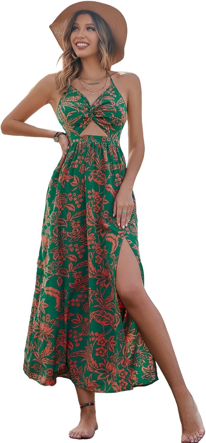 SheIn Women's Tropical Print Backless Cut Out Split Maxi Dress Twist Front Halter Neck Sleeveless Su | Amazon (US)