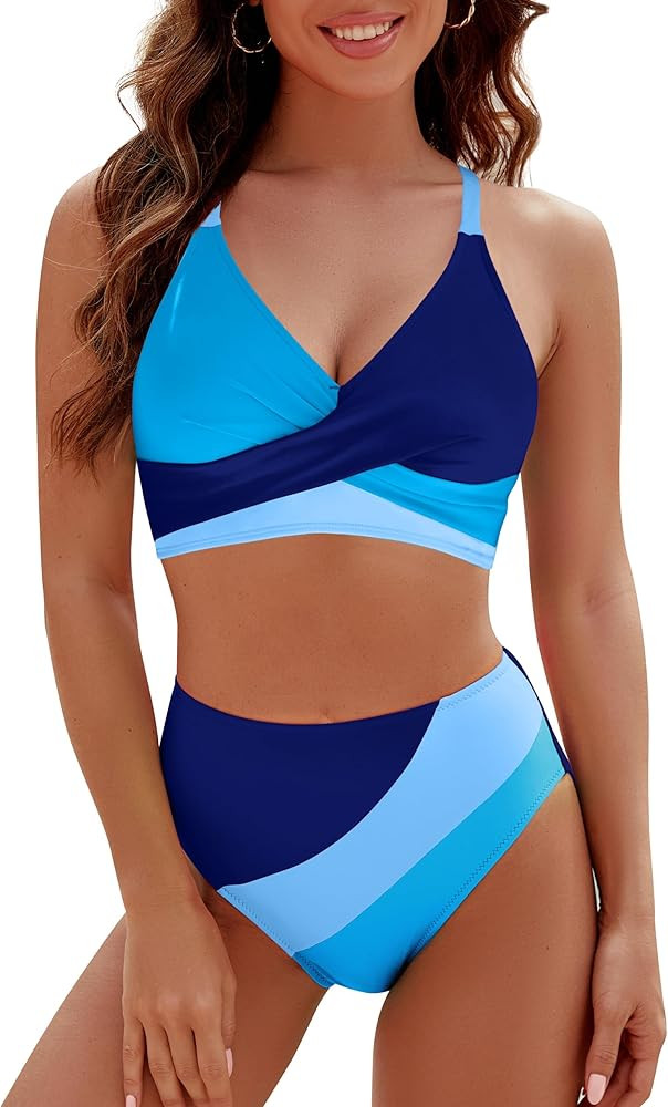 Blooming Jelly Womens High Waisted Bikini Sets Criss Cross Two Piece Swimsuits Color Block Full C... | Amazon (US)