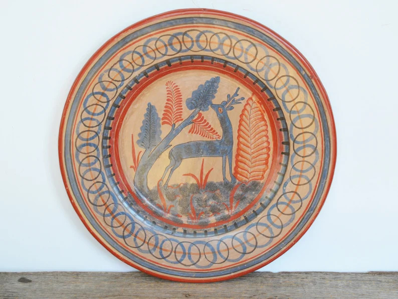 Huge Vintage Tonala Pottery Burnished Wall Plate, Deer in foliage 12.5" across, Mexican Pottery, ... | Etsy (US)