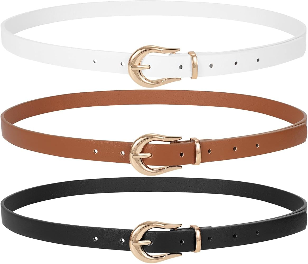 WERFORU Women Skinny Leather Belt for Dress Ladies Thin Waist Belt with Gold Buckle for Jeans Pan... | Amazon (US)