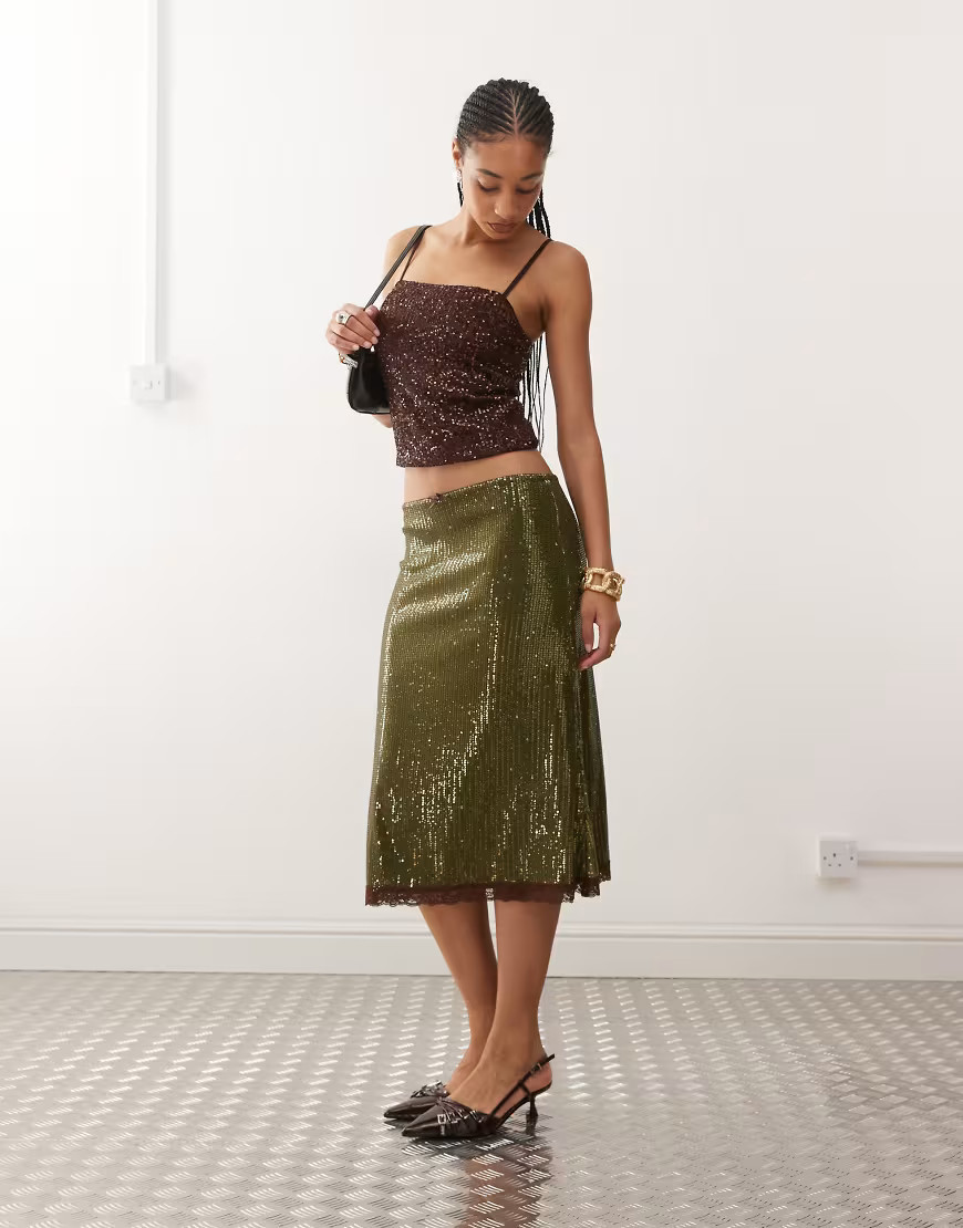 Reclaimed Vintage sequin midi skirt with contrast lace trim in olive green | ASOS (Global)