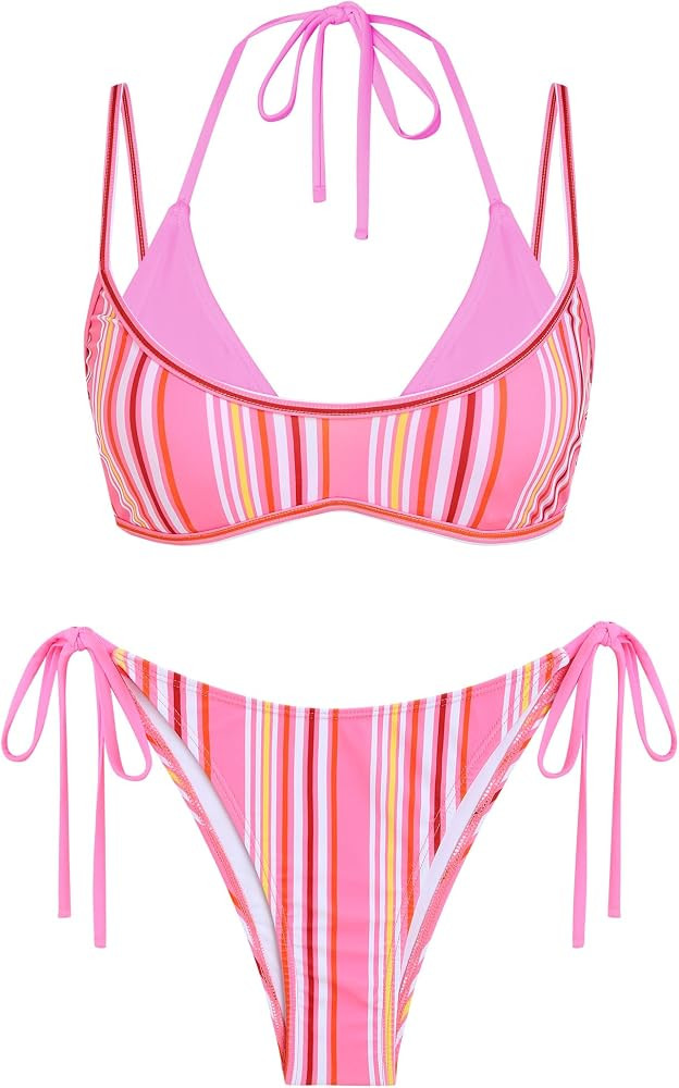 ZAFUL Women's Polka Dots Bikini Set Double Layer Halter 2 Piece Swimsuit | Amazon (US)