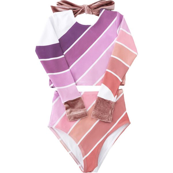 Long Sleeve Velvet Cuff & Back Tie 2-Piece Swimsuit, Purple Sands Rainbow | Maisonette