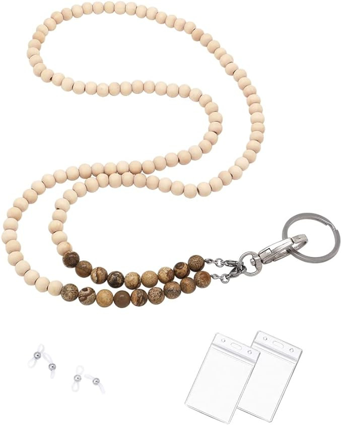 C&L Accessories Lanyards for ID Badges, Beaded Wooden Natural Stone Lanyard for Keys Neck Lanyard... | Amazon (US)