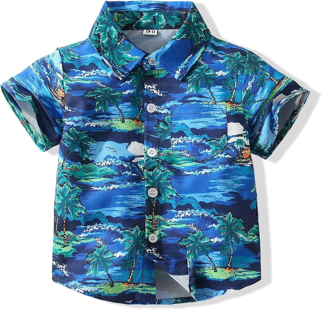 Baby Boy Button Down Hawaiian Shirts Short Sleeve Cool Cartoon Print Aloha Dress Tops T-Shirt | Amazon (US)