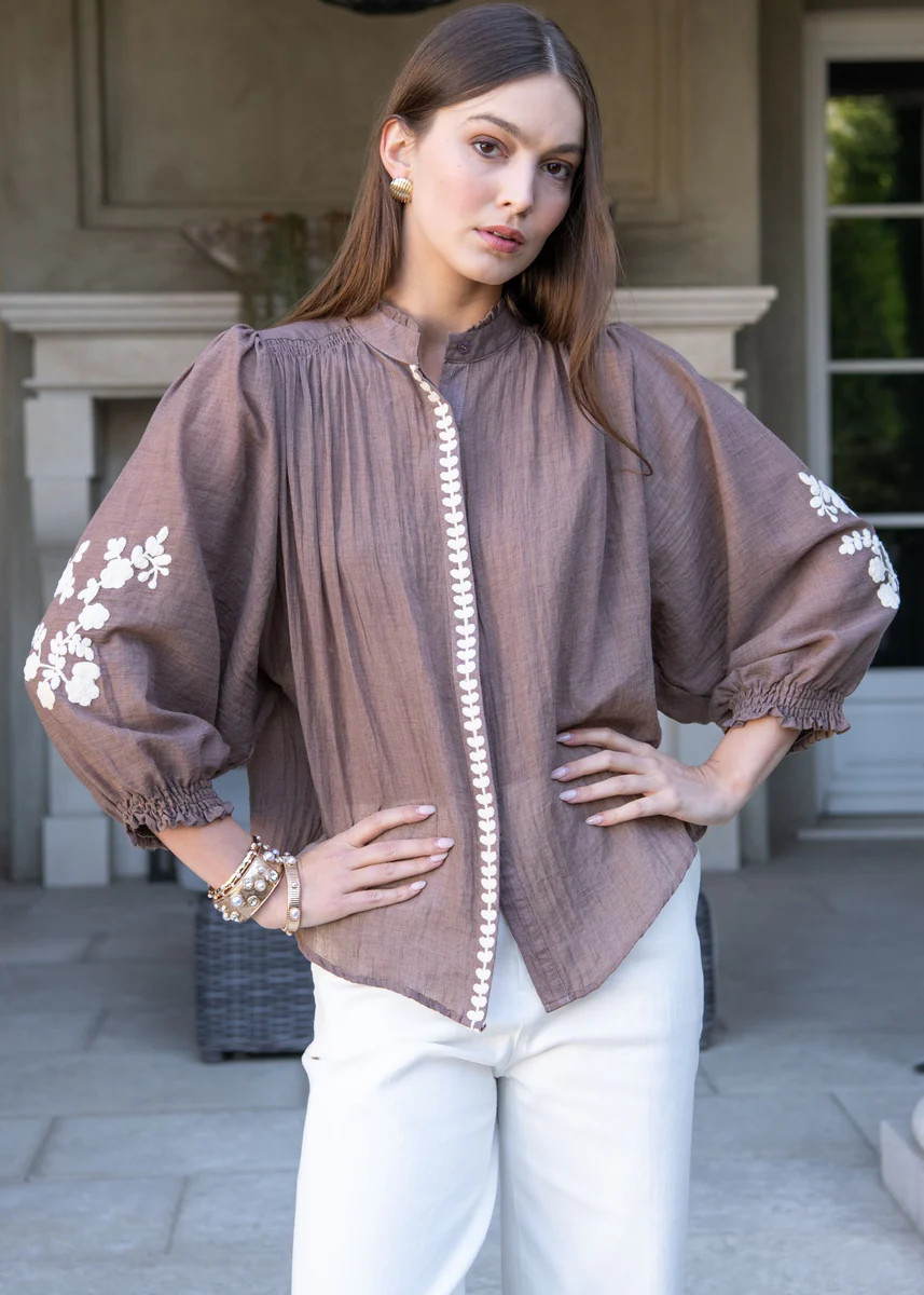 Marjorie Mock Neck Long Sleeve Top with Embroidery - Brown | Benaar La