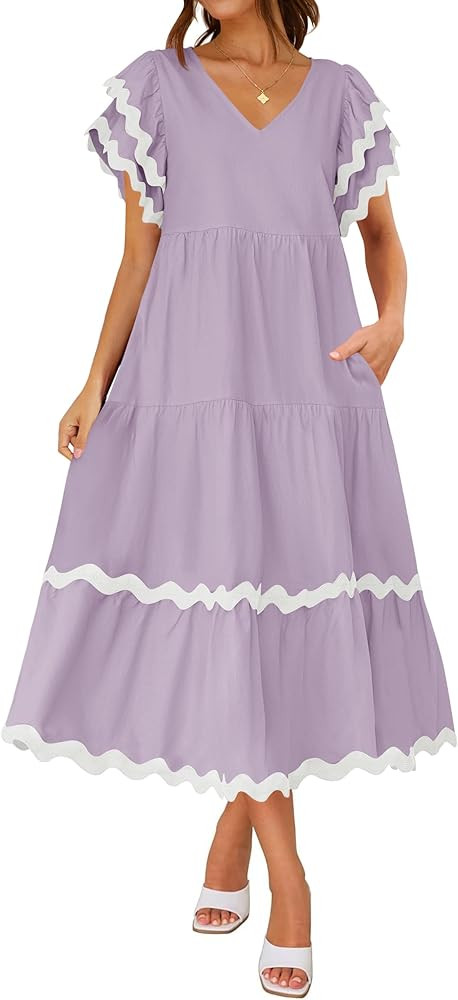 ZESICA Womens 2025 Summer Casual Midi Dresses V Neck Flutter Short Sleeve Ruffle Tiered A Line Fl... | Amazon (US)