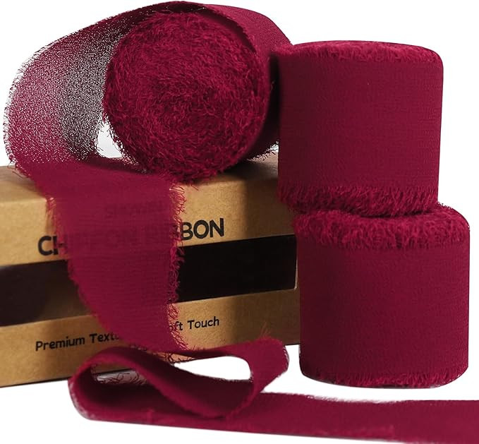 3 Rolls Wine Red Handmade Fringe Chiffon Ribbon 1.5" x 7Yd Yard Silk-Like Colorful Rustic Ribbon ... | Amazon (US)