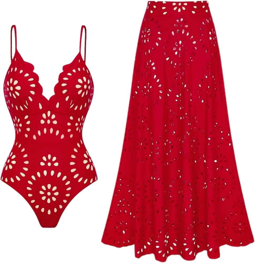 FLAXMAKER Women's One Piece Bathing Suit Petal Hollow V Neck Swimsuit and Skirt | Amazon (US)