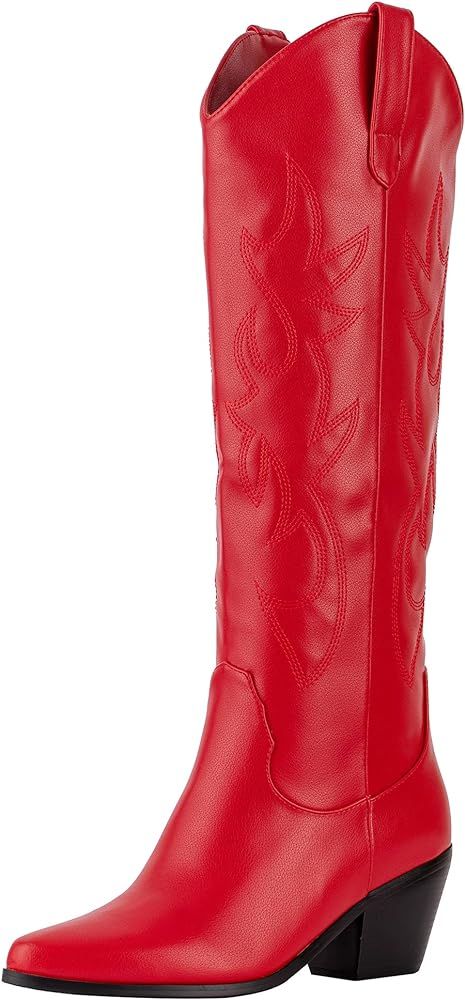 Foklysp Women's Cowboy Boots Classic Embroidered Almond Shaped Pointed Toe Pull-On Boots | Amazon (US)
