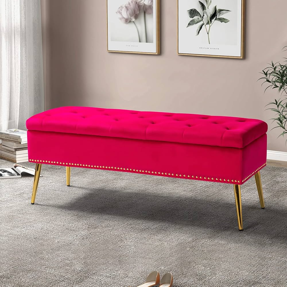 HULALA HOME Modern Velvet Storage Ottoman Bench with Gold Base & Nailhead Trim, Upholstered Bedro... | Amazon (US)