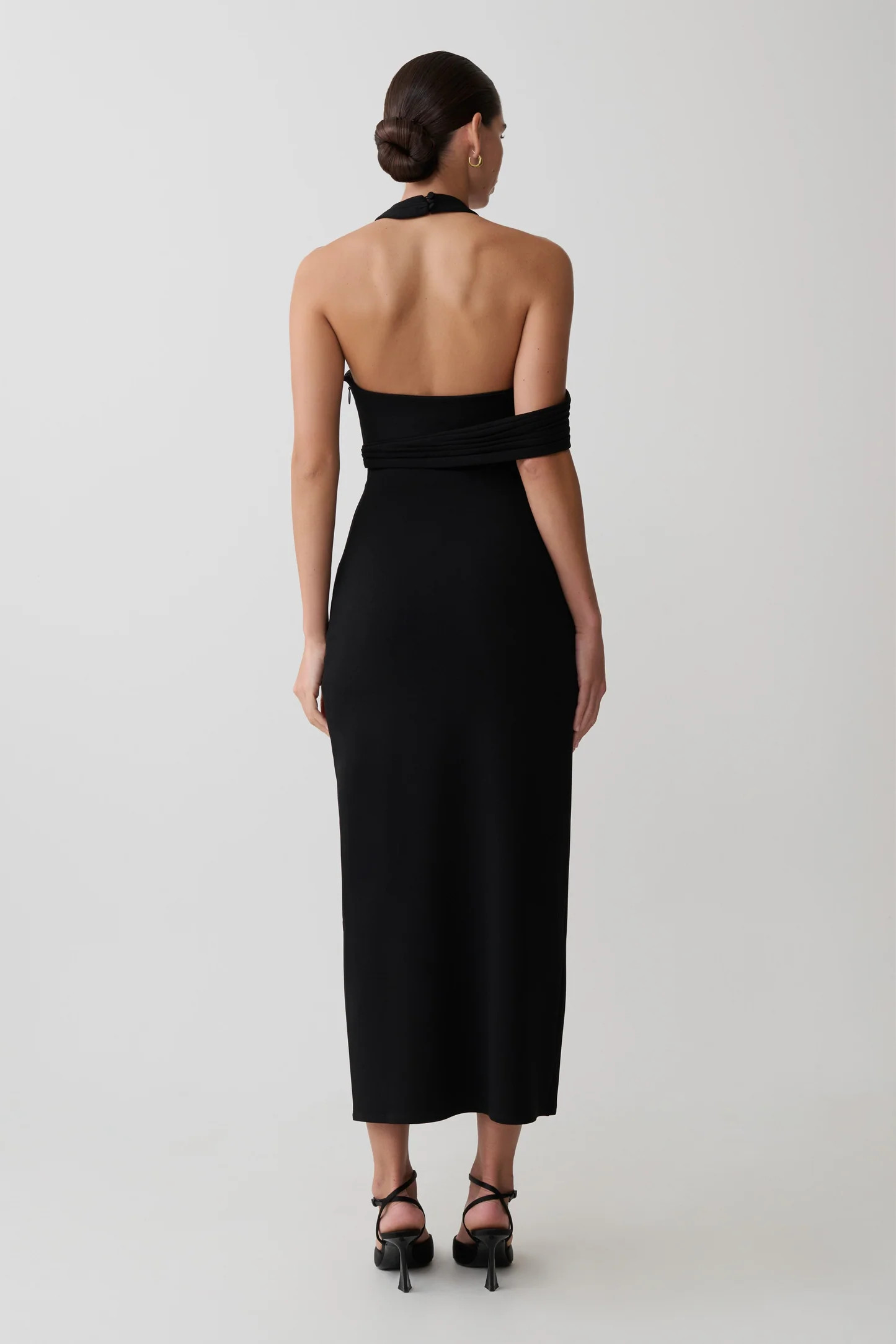 Crossover Crepe Midi Dress - Black | MESHKI US