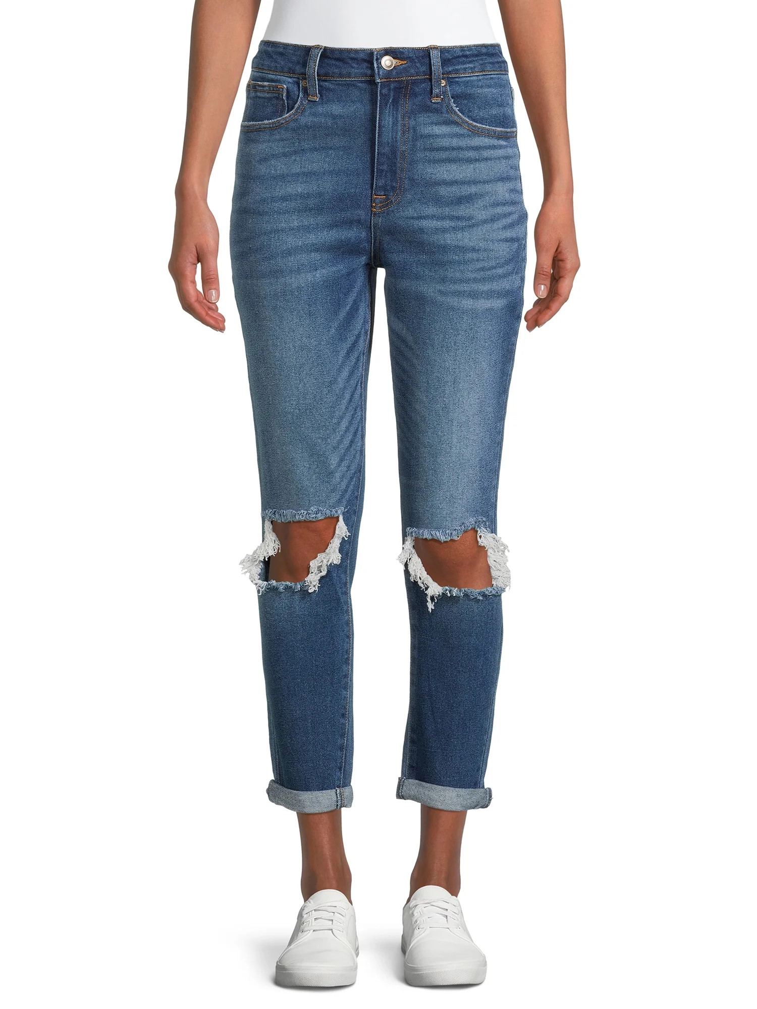 No Boundaries Juniors' Super High Rise Destructed Mom Jeans | Walmart (US)