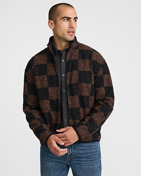 Checkered Sherpa Mock Neck Jacket | Express