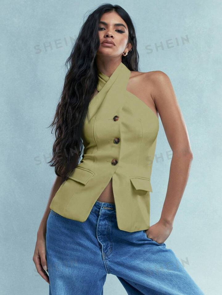 MISSGUIDED Buttoned Cross Halter Neck Backless Tank Top With Pockets | SHEIN