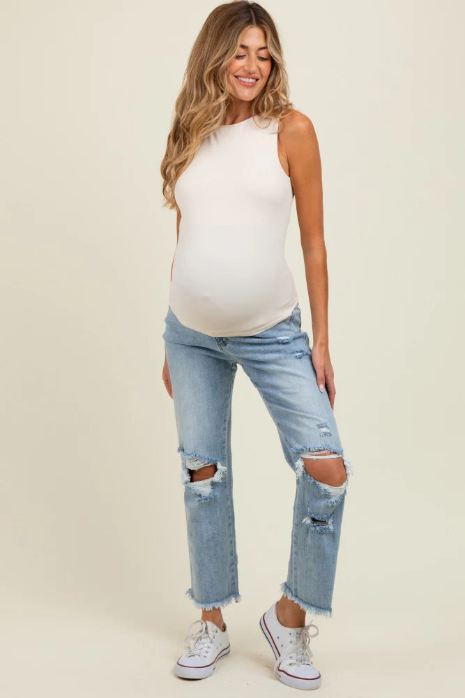 Light Blue Ripped Knee Fringe Hem Straight Leg Maternity Ankle Jeans | PinkBlush Maternity