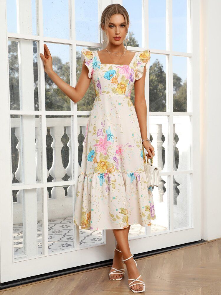 Floral Print Ruffle Trim Dress | SHEIN