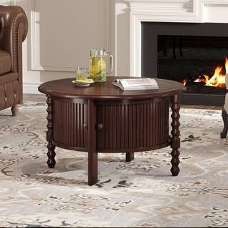 Willie Mid-Century Modern 30.3 in. Walnut Round Wood Top Coffee Table with Slide Doors, Slatted Design | The Home Depot