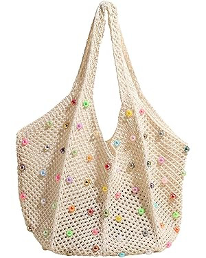Boho Crochet Beach Tote Shoulder Bag with Colored Beads | Colorful Aesthetic Hippie Knit Bag for ... | Amazon (US)