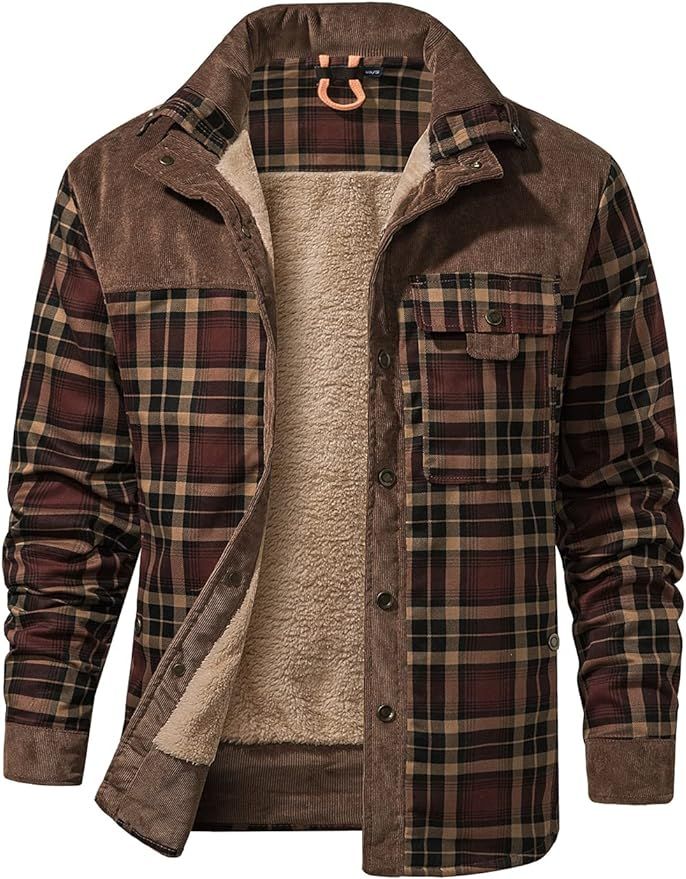 Haellun Men's Long Sleeve Sherpa Lined Shirt Jacket Flannel Plaid Fleece Coats | Amazon (US)