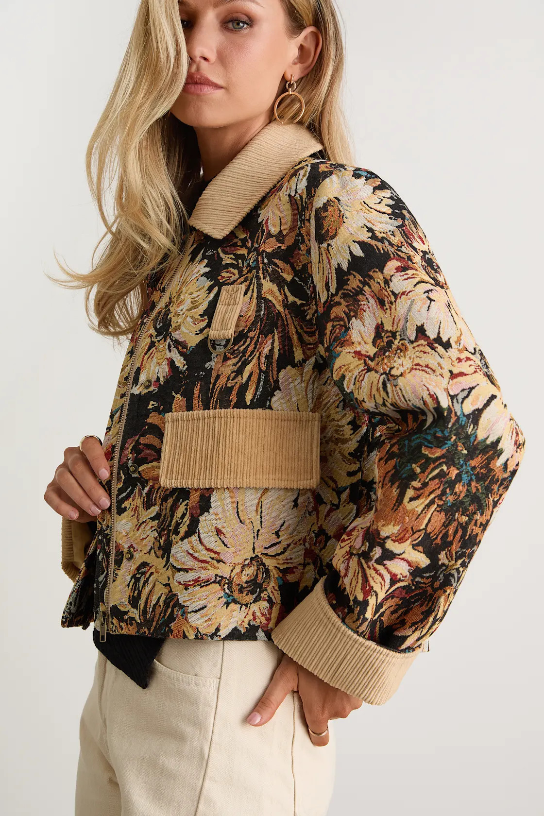 Morrina Navy and Beige Floral Jacquard Barn Jacket | Lulus