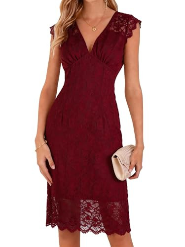 Women's Lace Cocktail Dress Sleeveless V Neck Elegant Bodycon Midi Dress for Wedding Guest Party ... | Amazon (US)